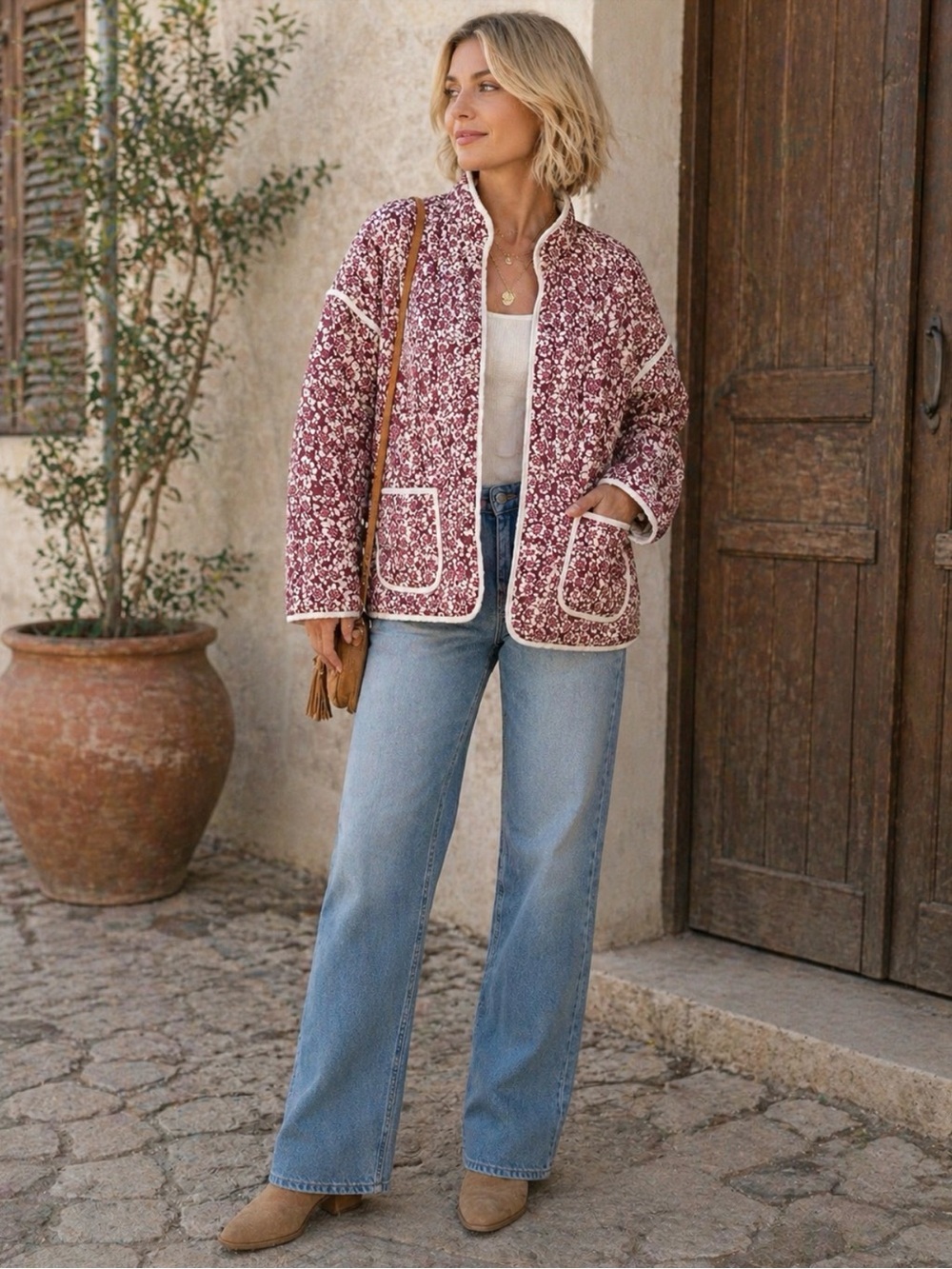 Floral print quilted jacket with pockets